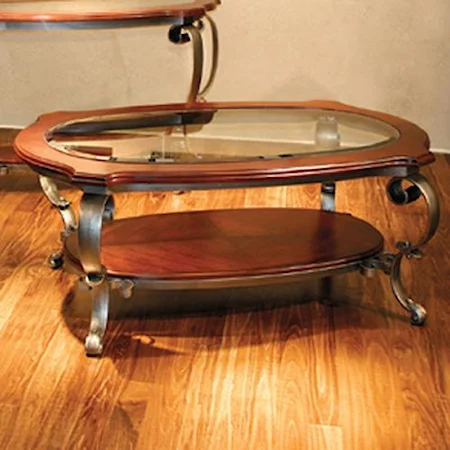 Oval Coffee Table with Brushed  Steel Scroll Legs and Glass Insert Top